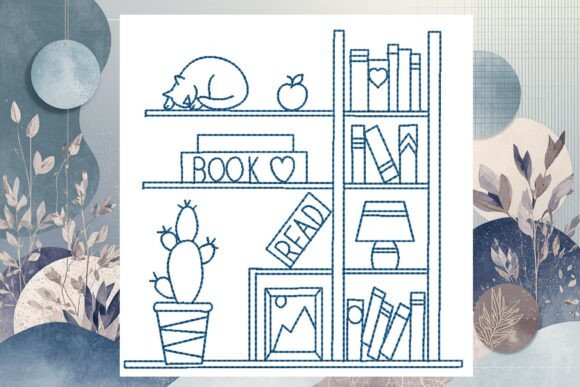 Bookshelf 2 Line Art: Cozy Holiday Embroidery